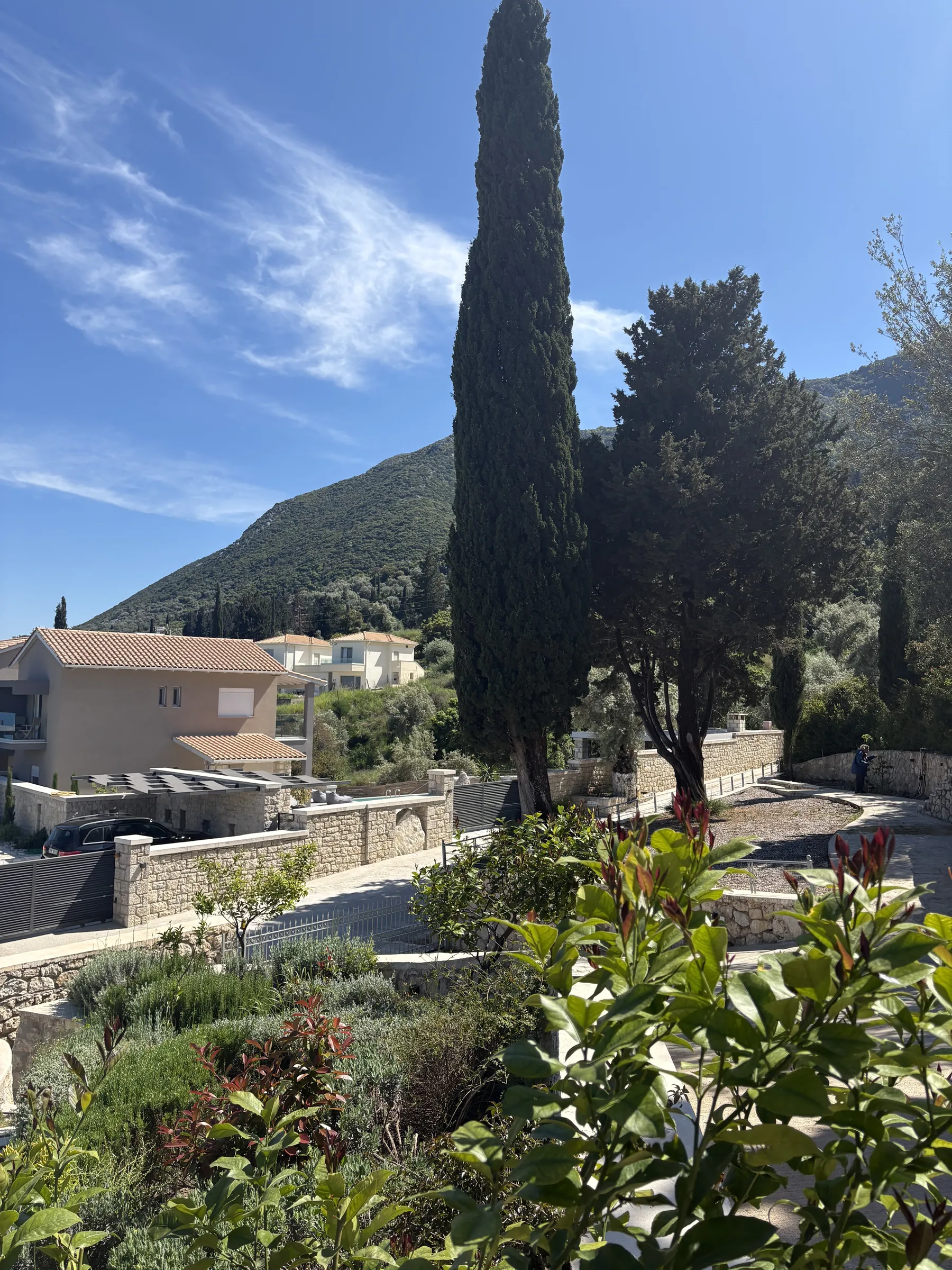 Κηπος και πλαγια με κυπαρισσια πανω απο τη βιλα